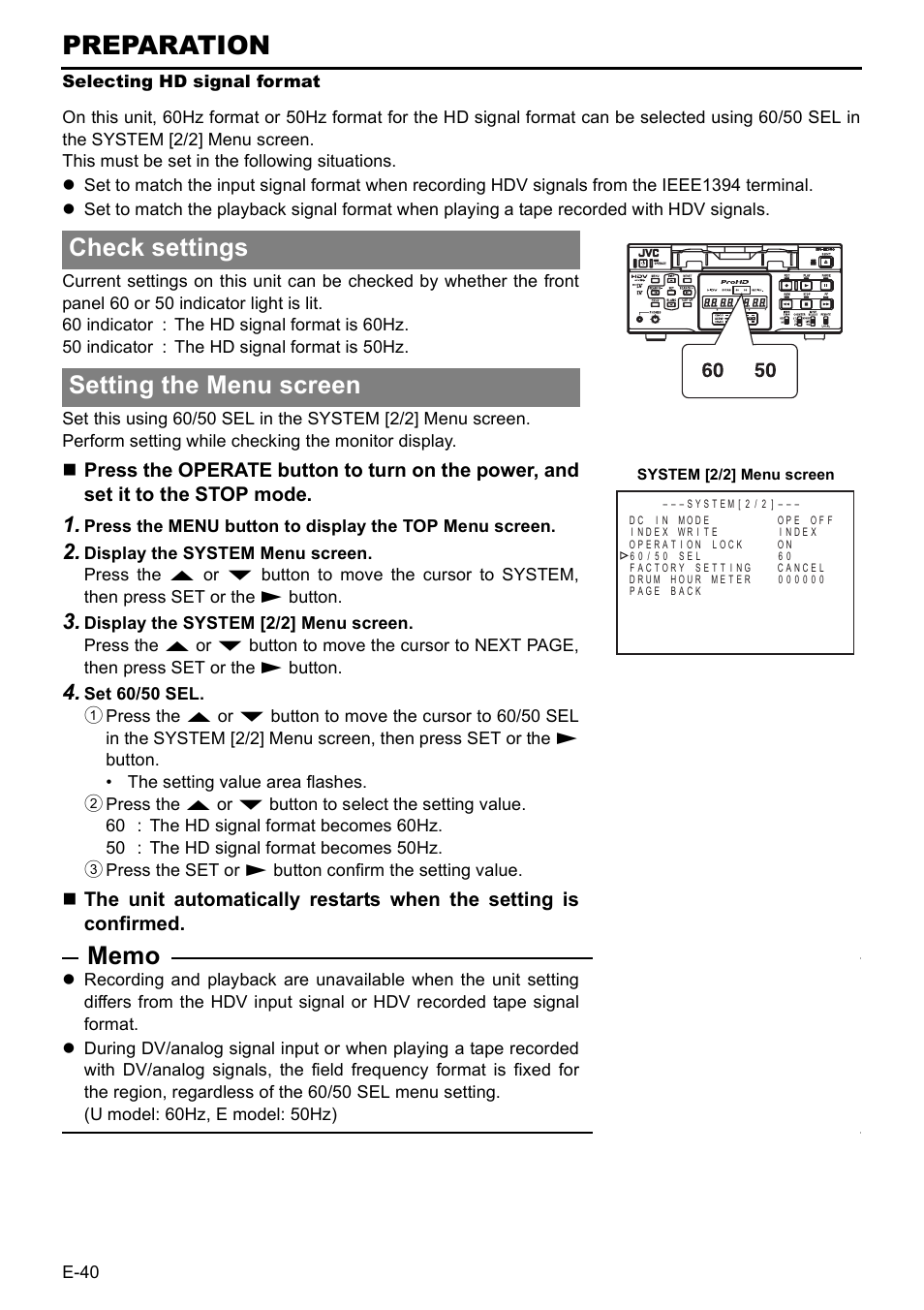 Selecting hd signal format, Preparation, Check settings setting the menu screen | JVC BR-HD50 User Manual | Page 44 / 91