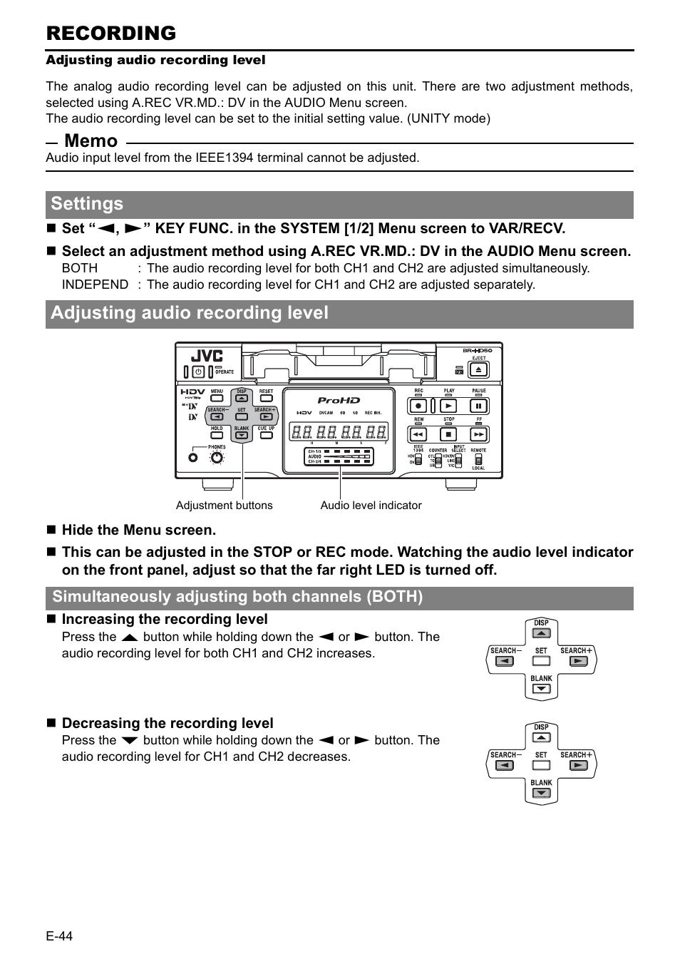 Adjusting audio recording level, Level, Recording | Settings adjusting audio recording level | JVC BR-HD50 User Manual | Page 48 / 91