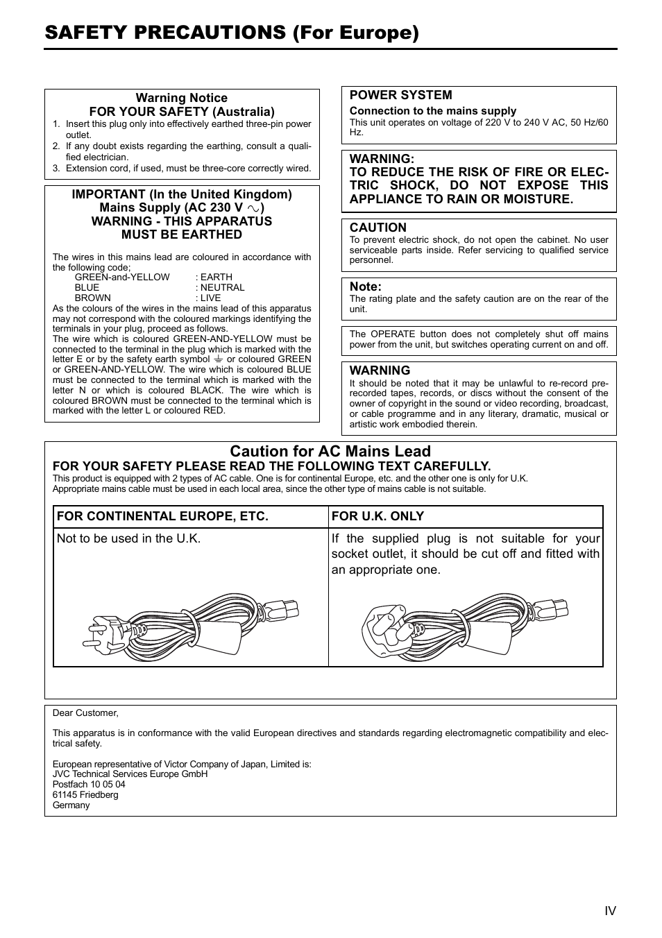 Safety precautions (for europe), Caution for ac mains lead | JVC BR-HD50 User Manual | Page 5 / 91