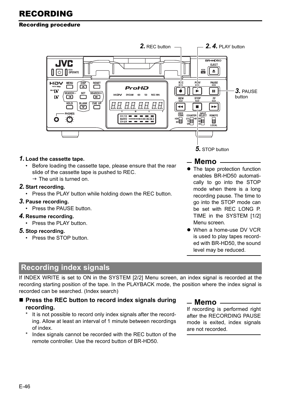 Recording procedure, Recording | JVC BR-HD50 User Manual | Page 50 / 91