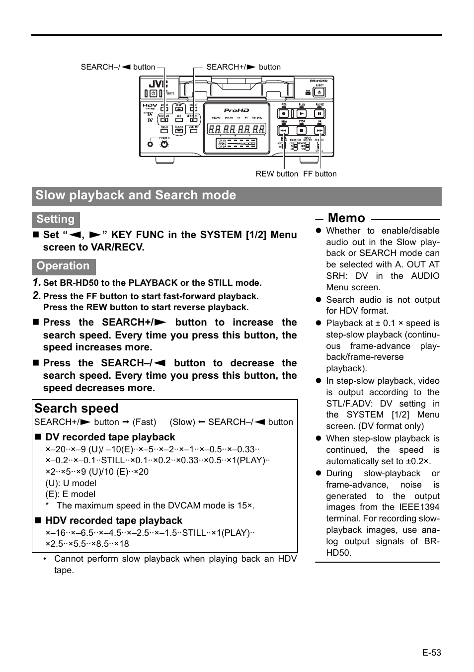 Mode”), Slow playback and search mode, Search speed | Setting operation | JVC BR-HD50 User Manual | Page 57 / 91