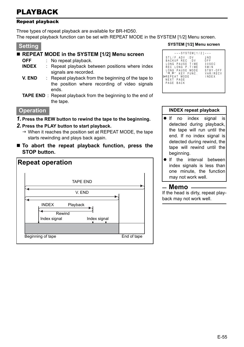 Repeat playback, Playback, Repeat operation | Setting operation, Repeat mode in the system [1/2] menu screen, E-55 | JVC BR-HD50 User Manual | Page 59 / 91