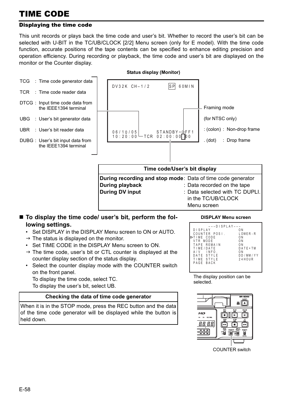 Time code, Displaying the time code | JVC BR-HD50 User Manual | Page 62 / 91