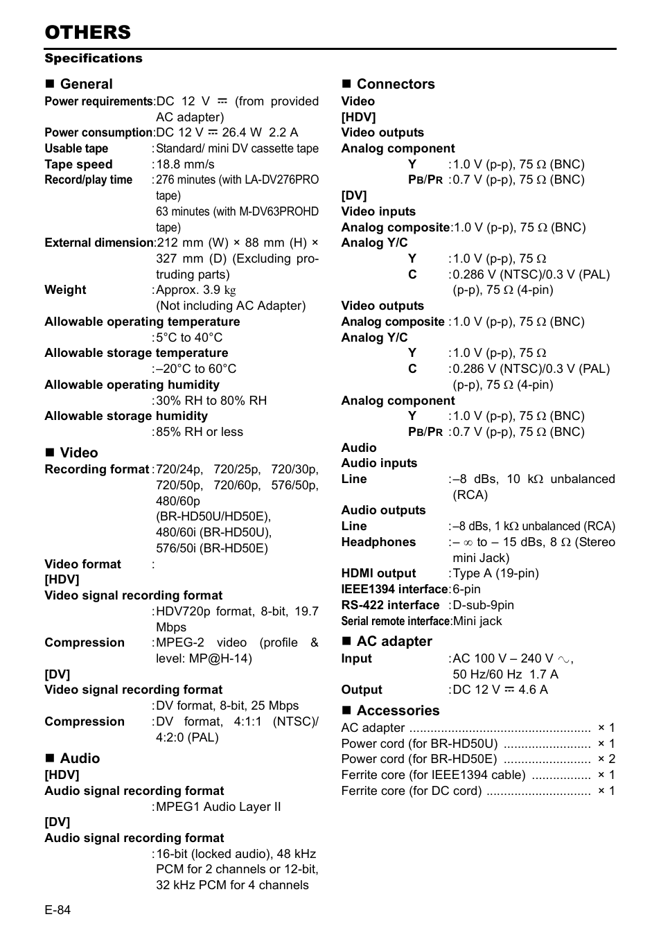 Specifications, Others | JVC BR-HD50 User Manual | Page 88 / 91