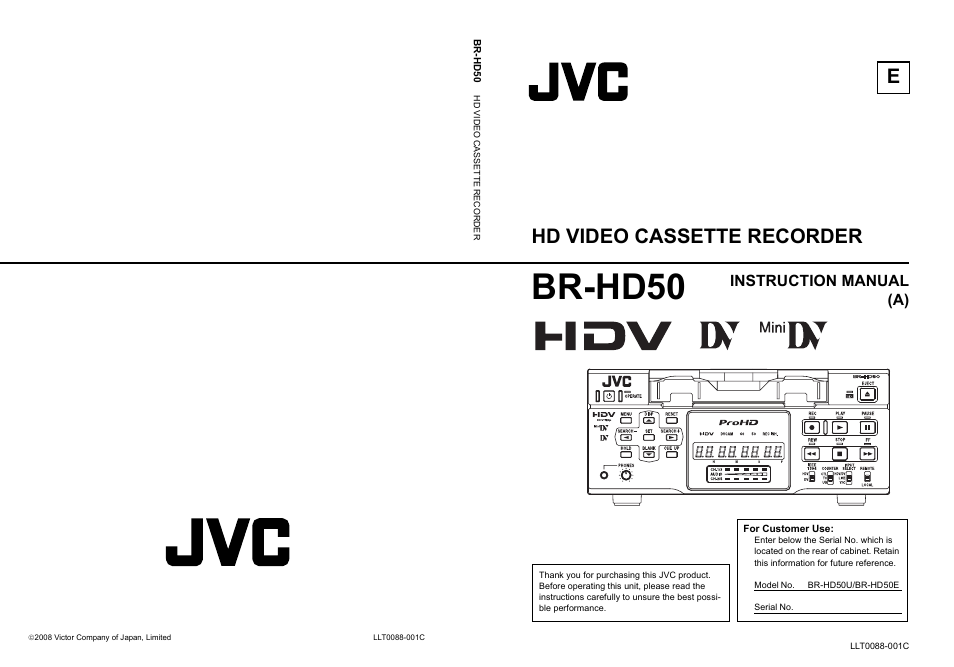 Br-hd50, Ehd video cassette recorder, Instruction manual (a) | JVC BR-HD50 User Manual | Page 91 / 91