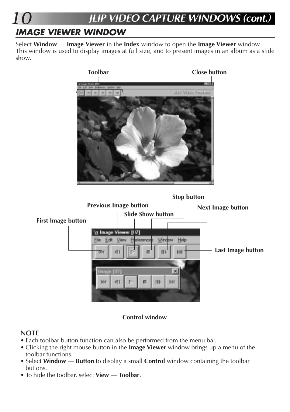 Jlip video capture windows (cont.), Image viewer window | JVC PC Connection Kit User Manual | Page 10 / 56