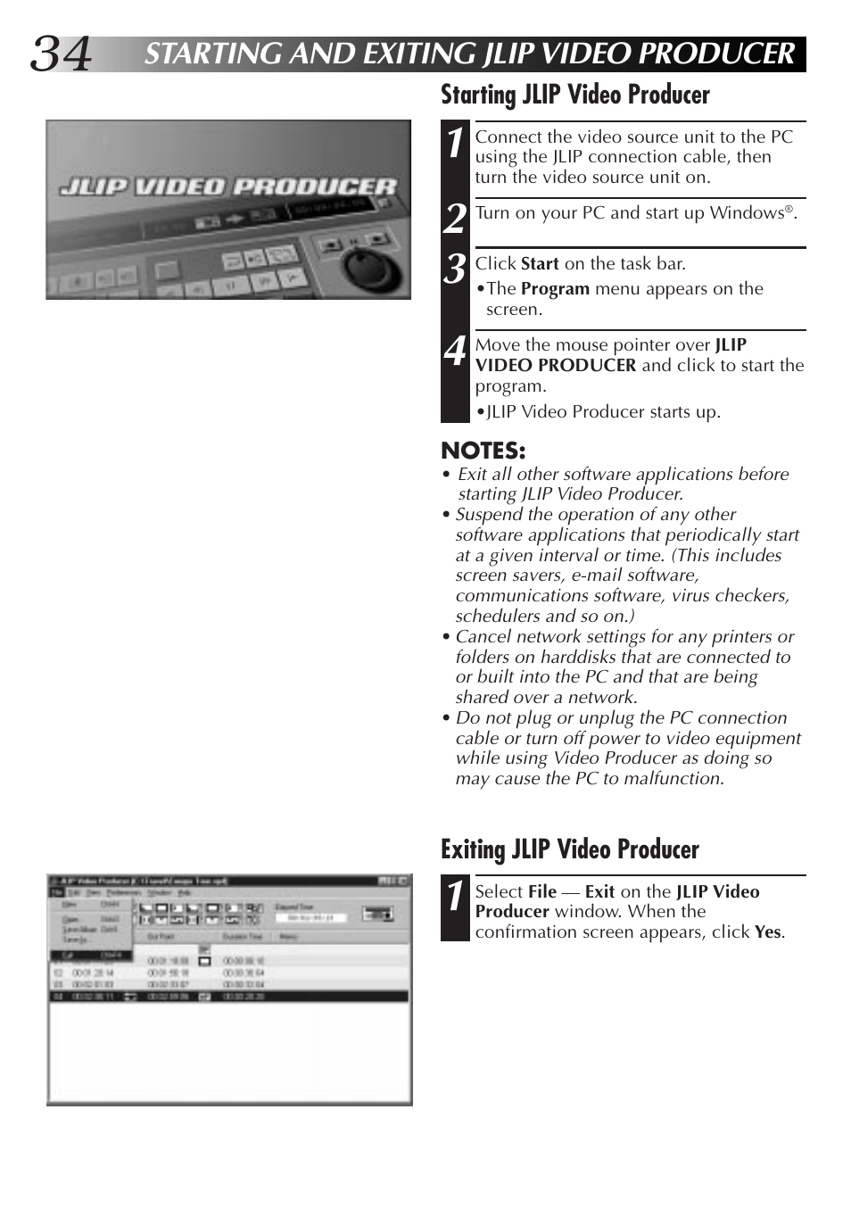 Starting and exiting jlip video producer | JVC PC Connection Kit User Manual | Page 34 / 56