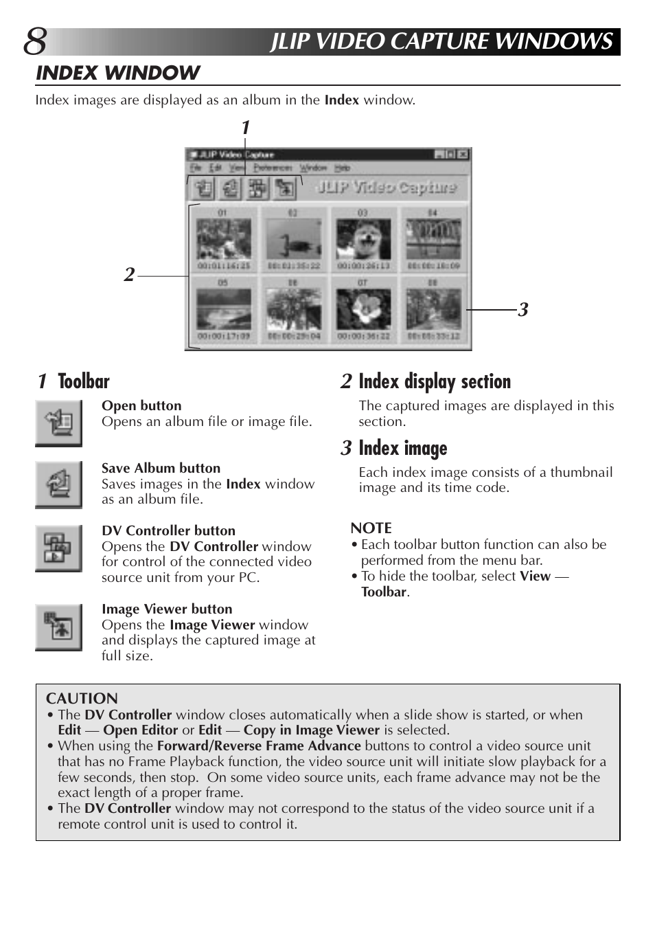 Jlip video capture windows, Toolbar, Index image | JVC PC Connection Kit User Manual | Page 8 / 56
