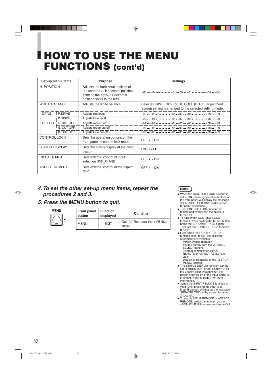 How to use the menu functions, Cont’d) | JVC TM-A210G User Manual | Page 11 / 17