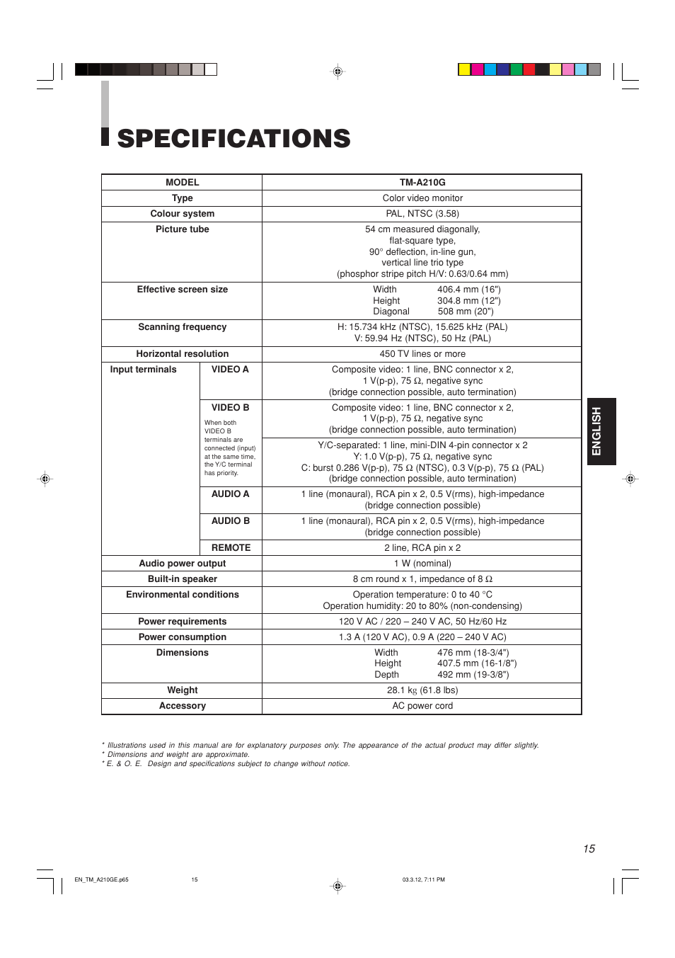 Specifications | JVC TM-A210G User Manual | Page 16 / 17