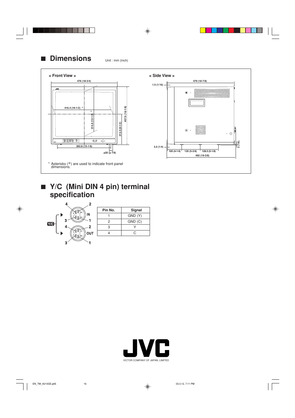 7 dimensions, 7 y/c (mini din 4 pin) terminal specification | JVC TM-A210G User Manual | Page 17 / 17