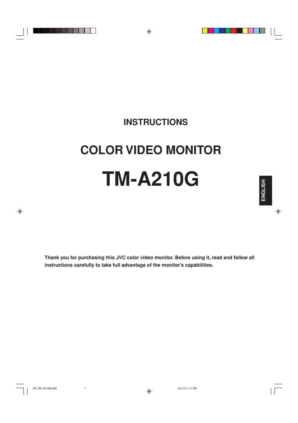 Tm-a210g, Color video monitor, Instructions | JVC TM-A210G User Manual | Page 2 / 17