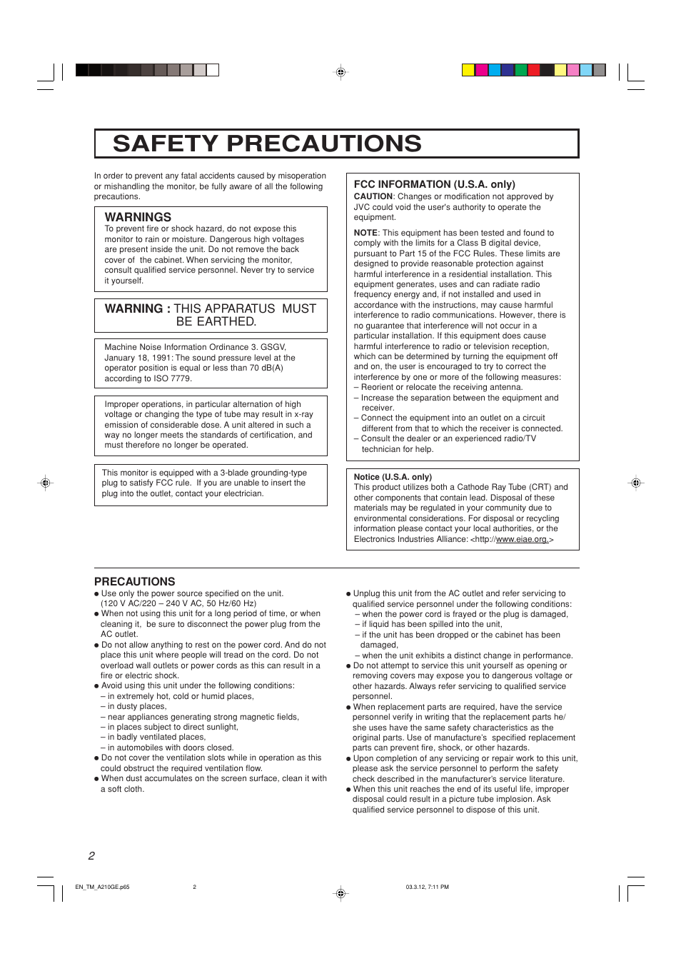 Safety precautions, Warnings, Warning : this apparatus must be earthed | JVC TM-A210G User Manual | Page 3 / 17