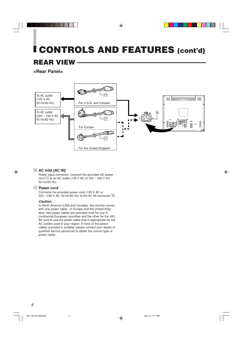Controls and features, Rear view, Cont’d) | Rear panel | JVC TM-A210G User Manual | Page 7 / 17