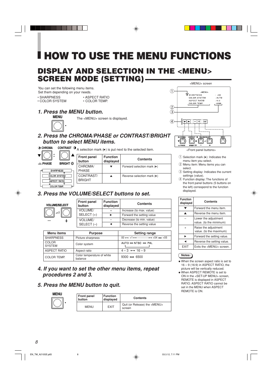 How to use the menu functions, Press the menu button | JVC TM-A210G User Manual | Page 9 / 17