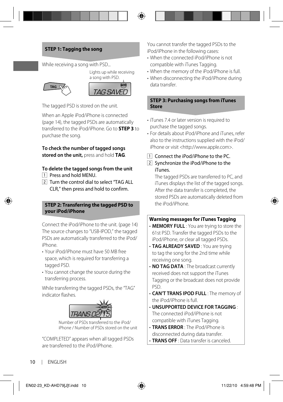 Tag saved, Trans 02/15 | JVC GET0721-001A User Manual | Page 10 / 67