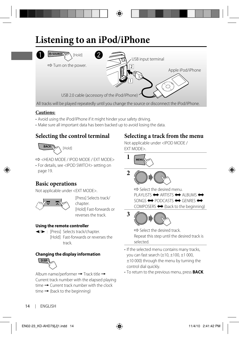 Listening to an ipod/iphone, Selecting the control terminal, Basic operations | Selecting a track from the menu | JVC GET0721-001A User Manual | Page 14 / 67