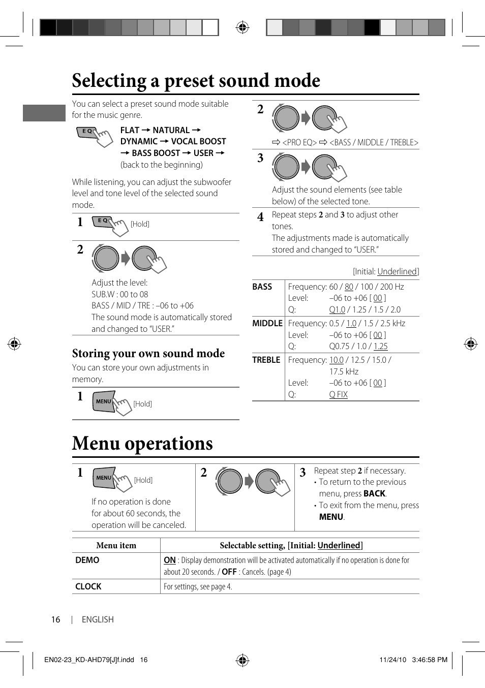 Menu operations, Selecting a preset sound mode, Storing your own sound mode | JVC GET0721-001A User Manual | Page 16 / 67