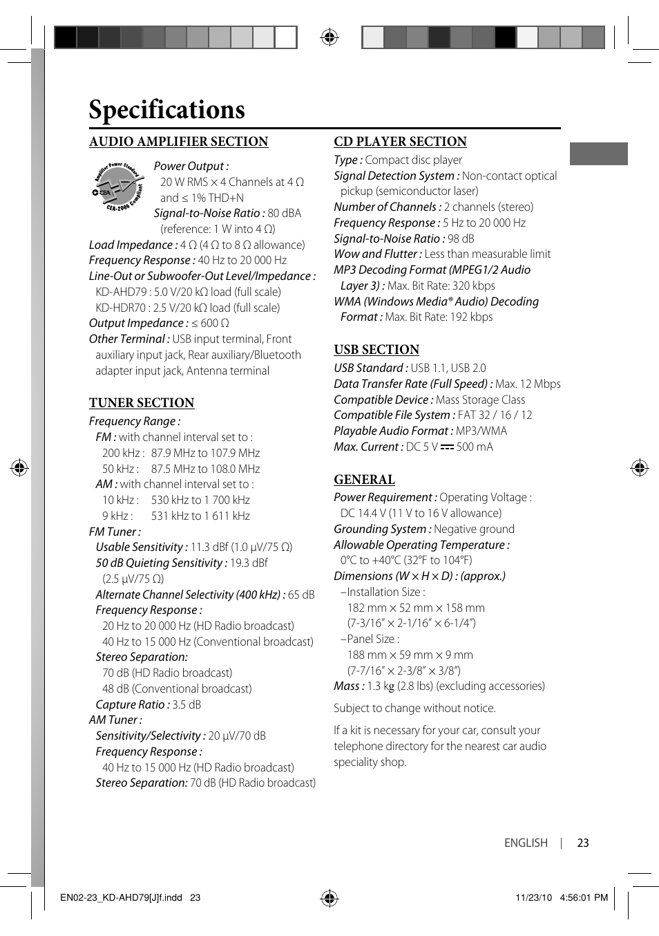 Specifications | JVC GET0721-001A User Manual | Page 23 / 67