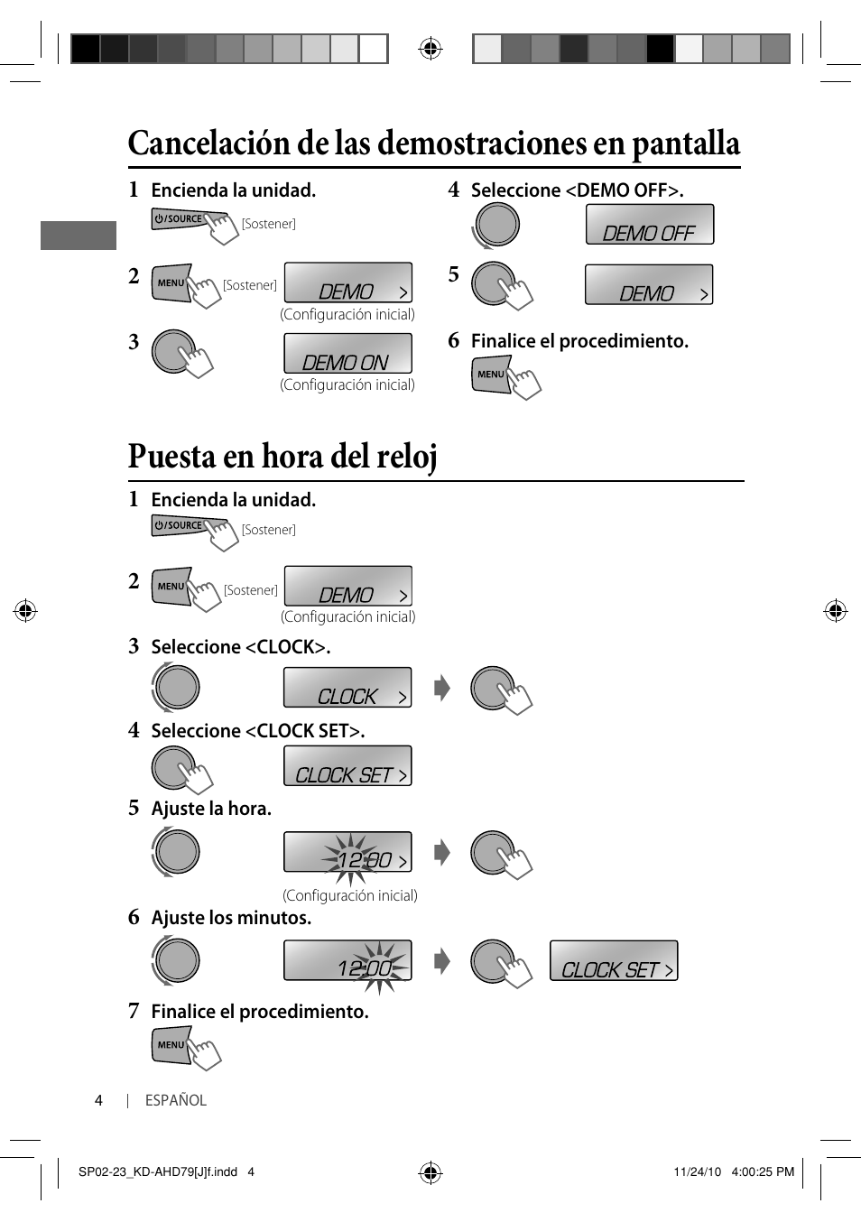 Puesta en hora del reloj, Cancelación de las demostraciones en pantalla | JVC GET0721-001A User Manual | Page 26 / 67