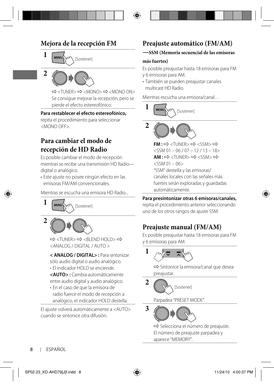 Preajuste automático (fm/am), Preajuste manual (fm/am), Mejora de la recepción fm | Para cambiar el modo de recepción de hd radio | JVC GET0721-001A User Manual | Page 30 / 67