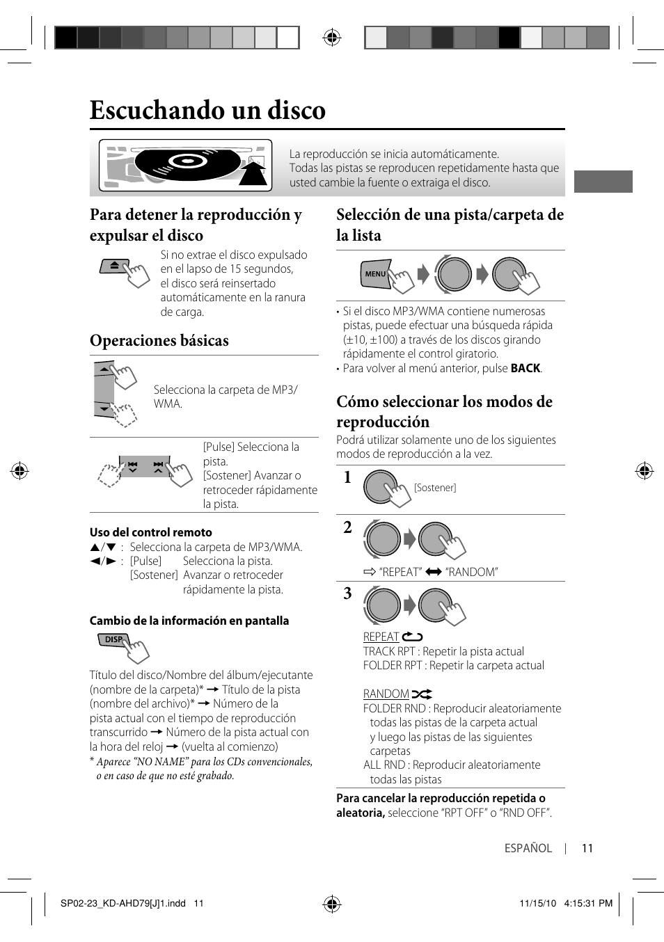 Escuchando un disco, Para detener la reproducción y expulsar el disco, Operaciones básicas | Selección de una pista/carpeta de la lista, Cómo seleccionar los modos de reproducción | JVC GET0721-001A User Manual | Page 33 / 67