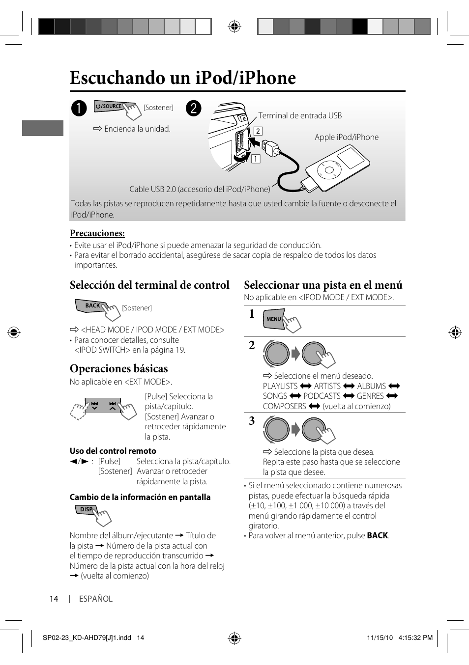 Escuchando un ipod/iphone, Selección del terminal de control, Operaciones básicas | Seleccionar una pista en el menú | JVC GET0721-001A User Manual | Page 36 / 67
