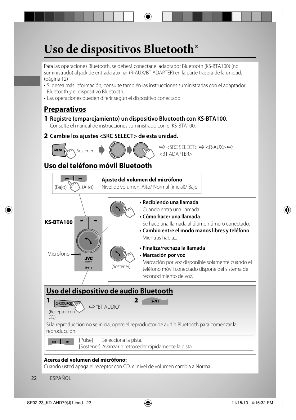 Uso de dispositivos bluetooth, Preparativos, Uso del teléfono móvil bluetooth | Uso del dispositivo de audio bluetooth | JVC GET0721-001A User Manual | Page 44 / 67