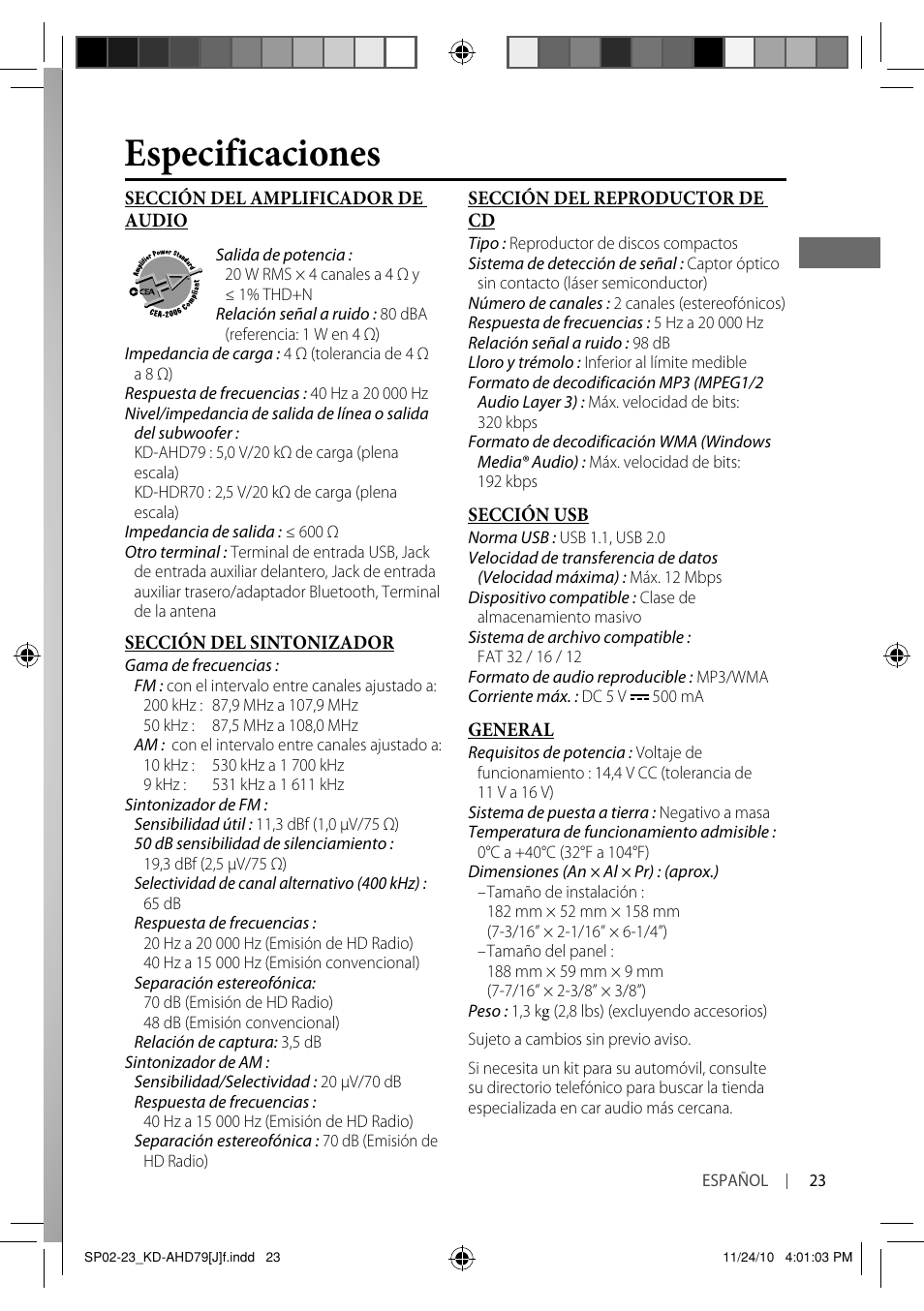 Especificaciones | JVC GET0721-001A User Manual | Page 45 / 67