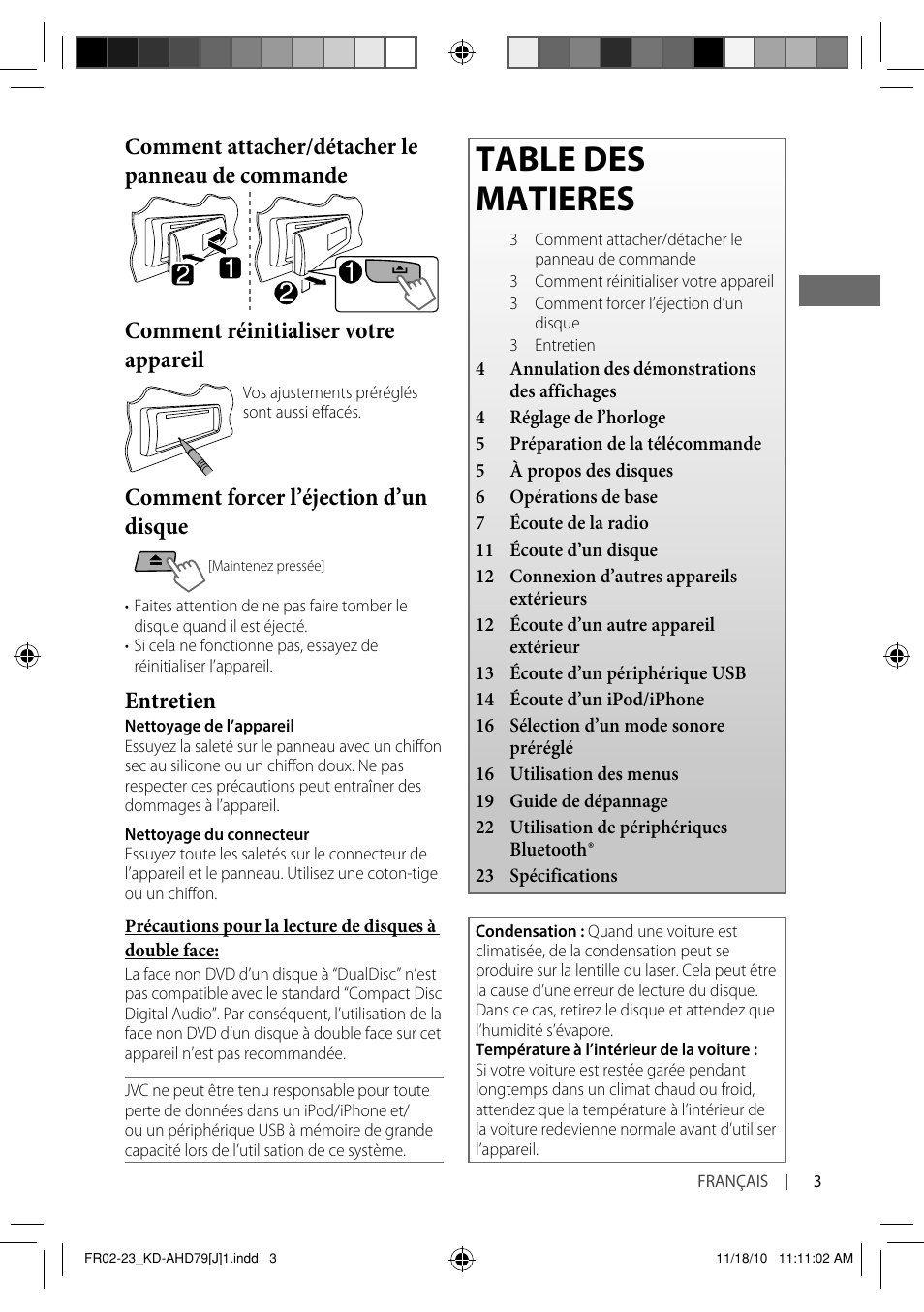 Table des matieres, Comment forcer l’éjection d’un disque, Entretien | JVC GET0721-001A User Manual | Page 47 / 67