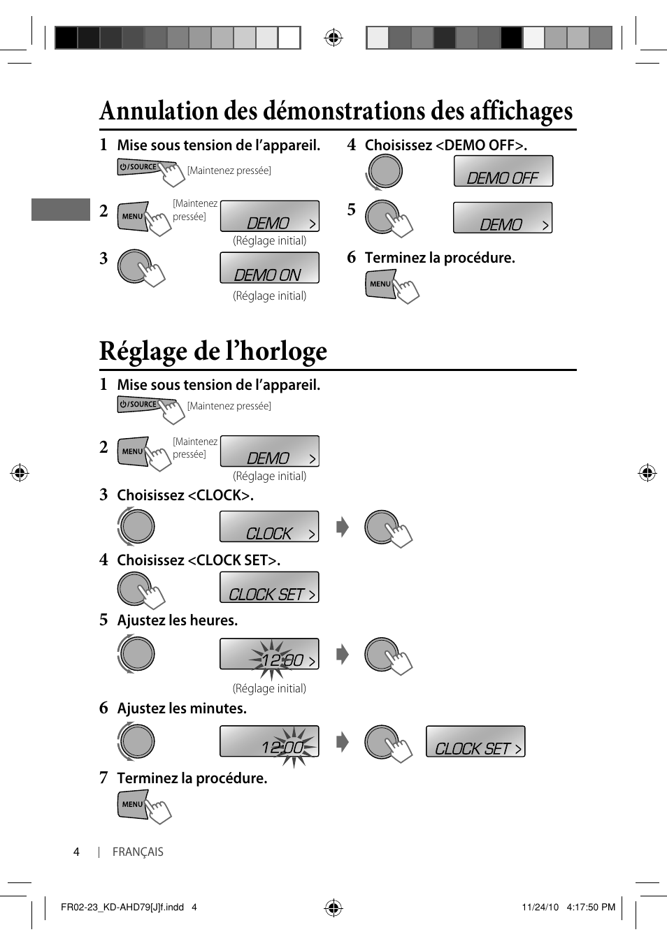 Réglage de l’horloge, Annulation des démonstrations des affichages | JVC GET0721-001A User Manual | Page 48 / 67
