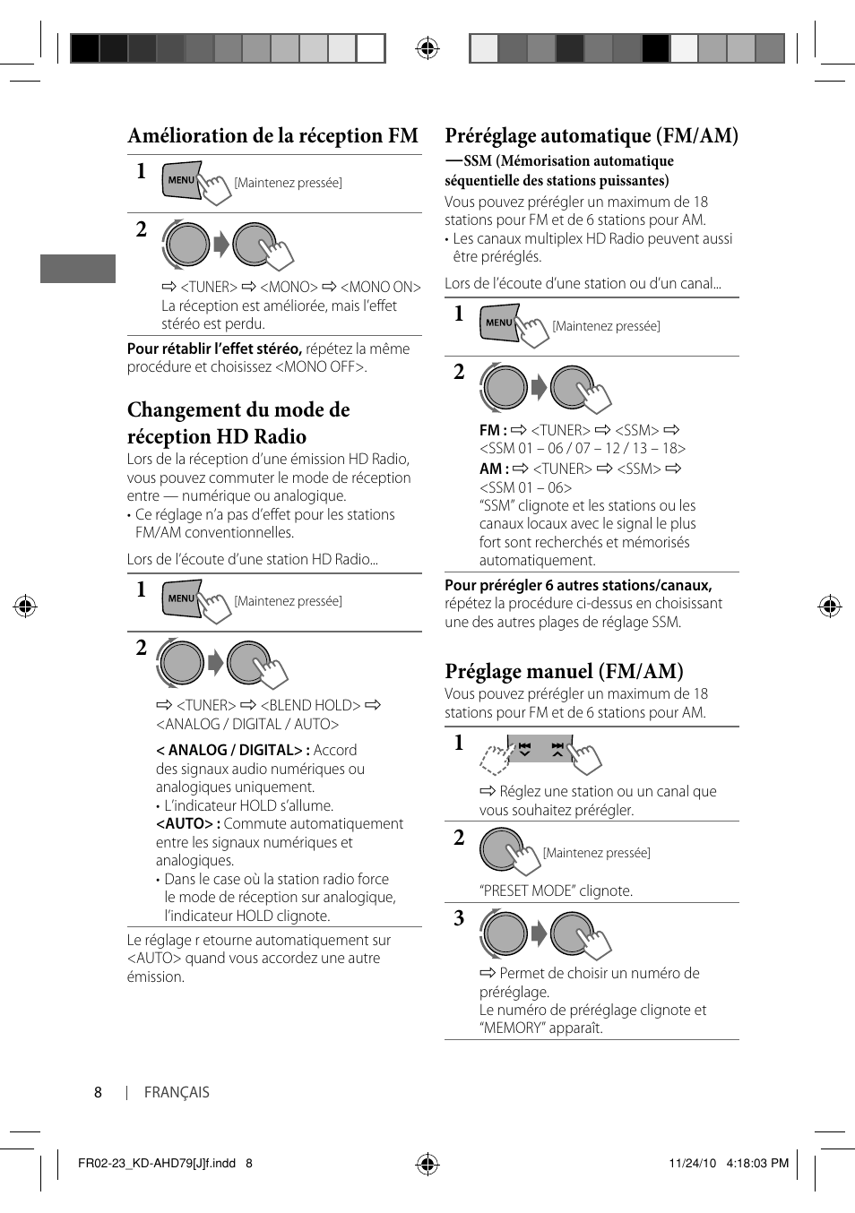 Préréglage automatique (fm/am), Préglage manuel (fm/am), Amélioration de la réception fm | Changement du mode de réception hd radio | JVC GET0721-001A User Manual | Page 52 / 67
