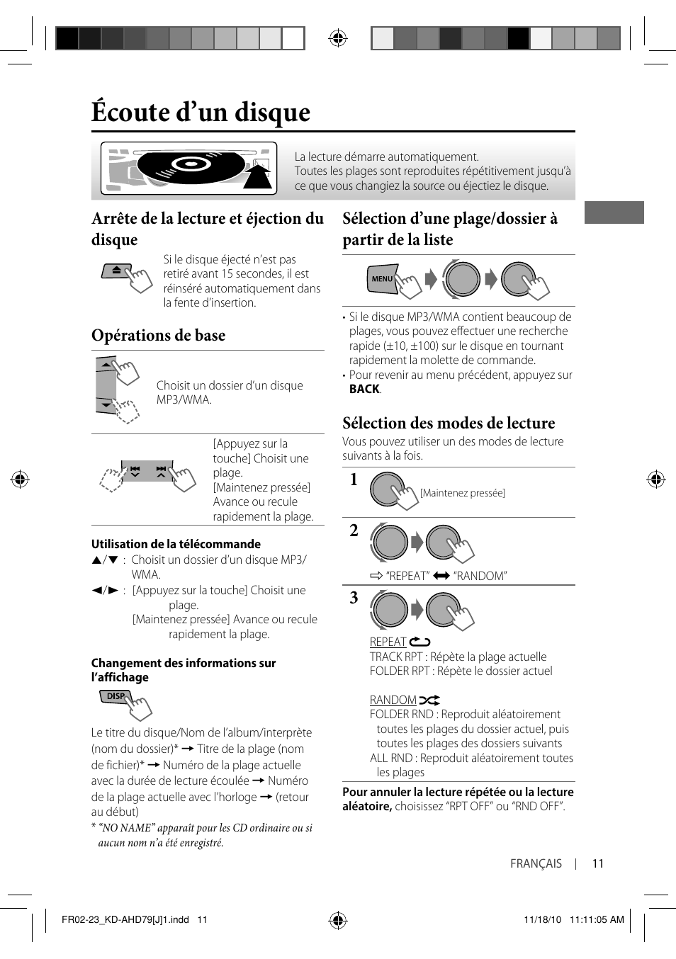 Écoute d’un disque, Arrête de la lecture et éjection du disque, Opérations de base | Sélection d’une plage/dossier à partir de la liste, Sélection des modes de lecture | JVC GET0721-001A User Manual | Page 55 / 67