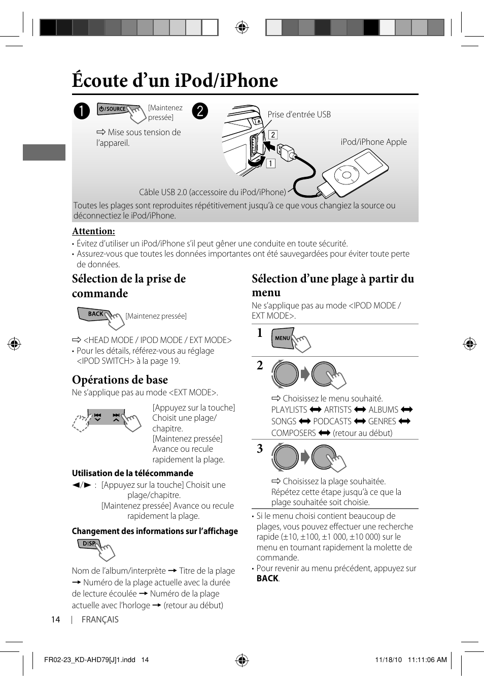 Écoute d’un ipod/iphone, Sélection de la prise de commande, Opérations de base | Sélection d’une plage à partir du menu | JVC GET0721-001A User Manual | Page 58 / 67
