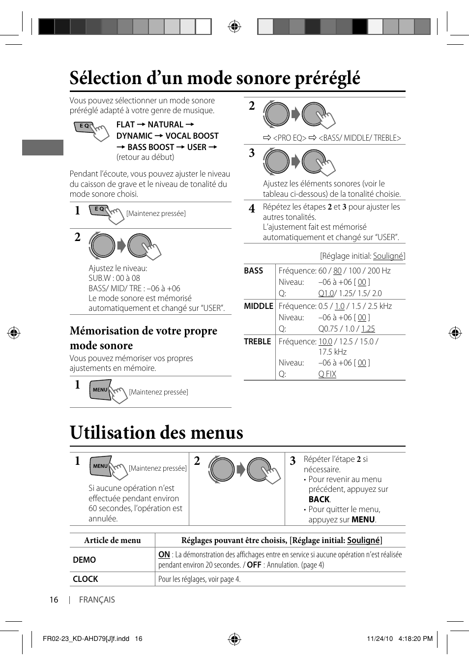 Utilisation des menus, Sélection d’un mode sonore préréglé, Mémorisation de votre propre mode sonore | JVC GET0721-001A User Manual | Page 60 / 67