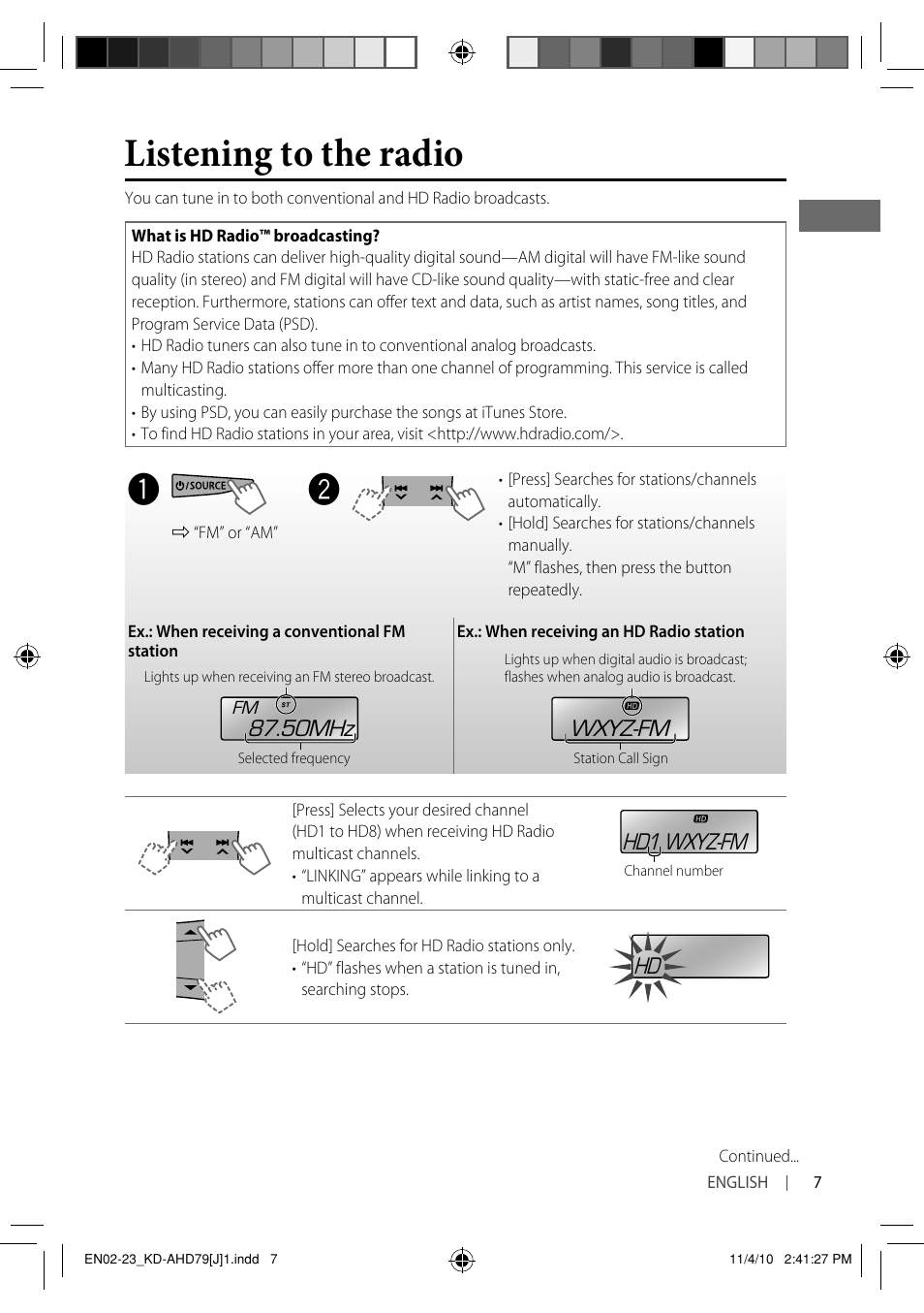 Listening to the radio, 50mhz, Wxyz-fm | Wxyz-fm hd1 | JVC GET0721-001A User Manual | Page 7 / 67