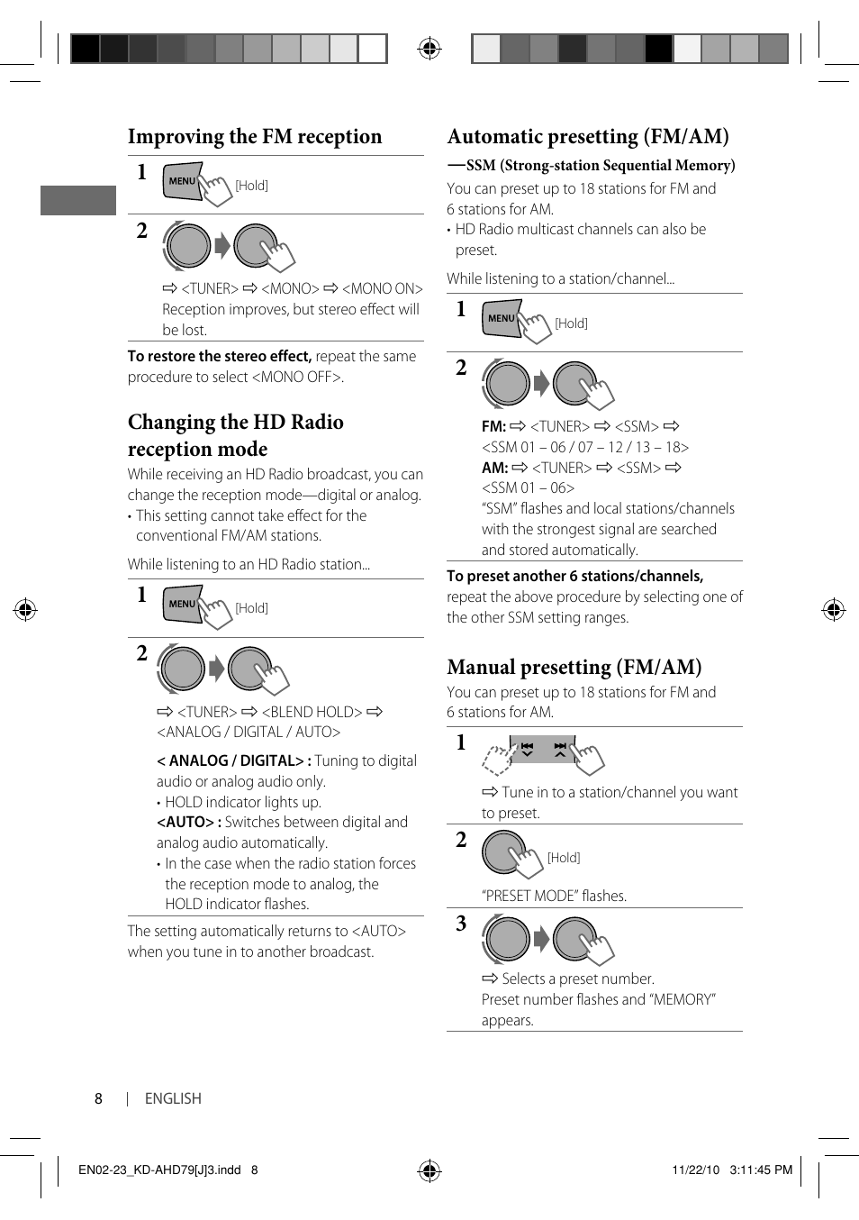 Automatic presetting (fm/am), Manual presetting (fm/am), Improving the fm reception | Changing the hd radio reception mode | JVC GET0721-001A User Manual | Page 8 / 67