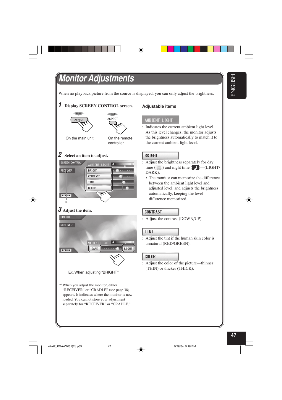 Monitor adjustments | JVC KD-AV7000 User Manual | Page 131 / 352
