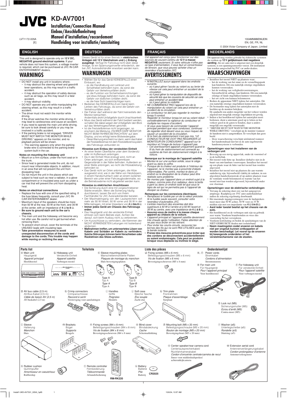 Installation/connection manual, Warnings, Kd-av7001 | Waarschuwingen, Avertissements, Warnungen | JVC KD-AV7000 User Manual | Page 177 / 352