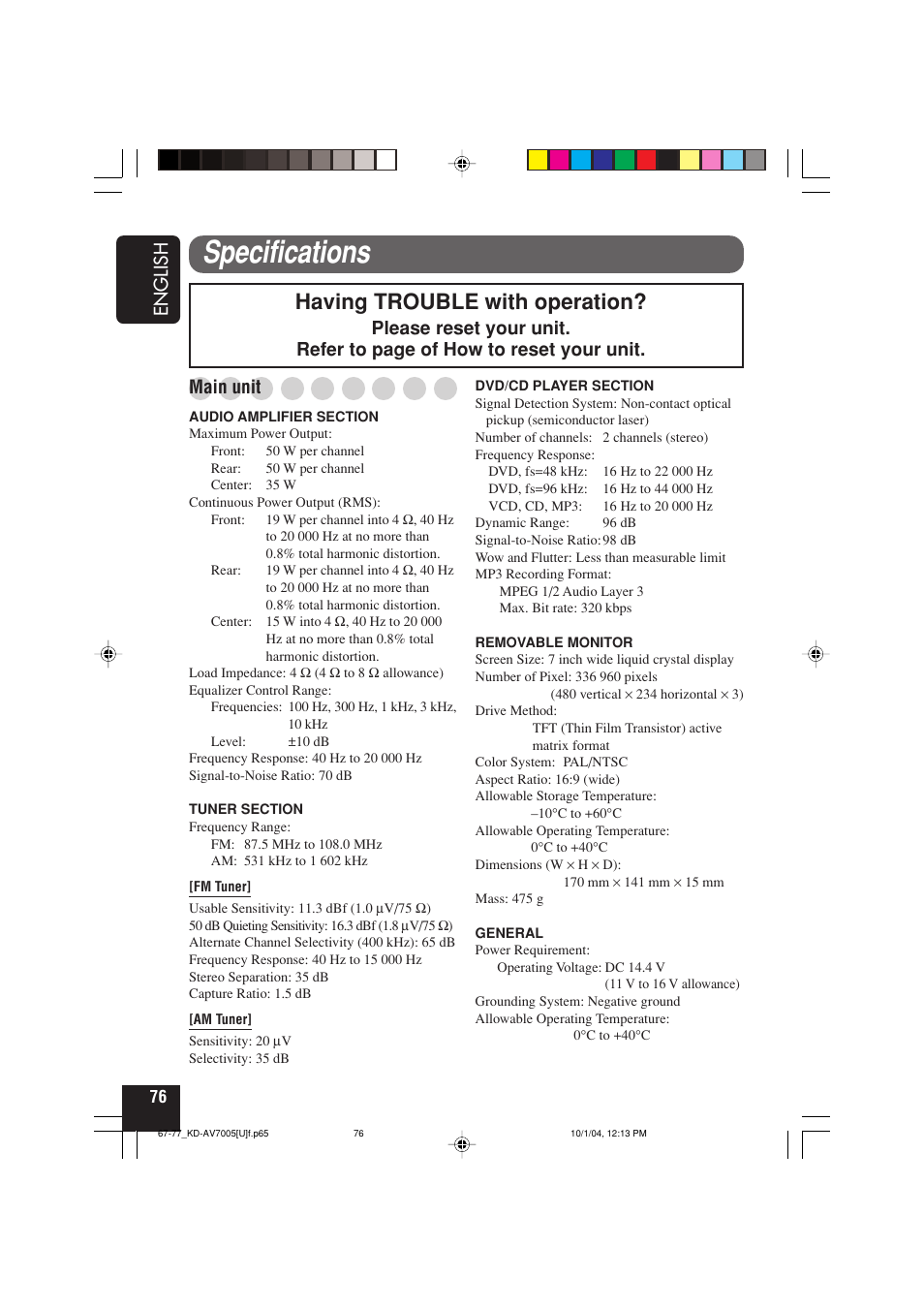 Specifications, Having trouble with operation | JVC KD-AV7000 User Manual | Page 258 / 352