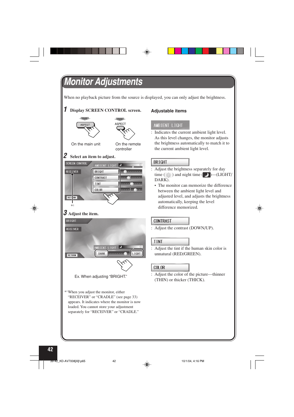 Monitor adjustments | JVC KD-AV7000 User Manual | Page 308 / 352