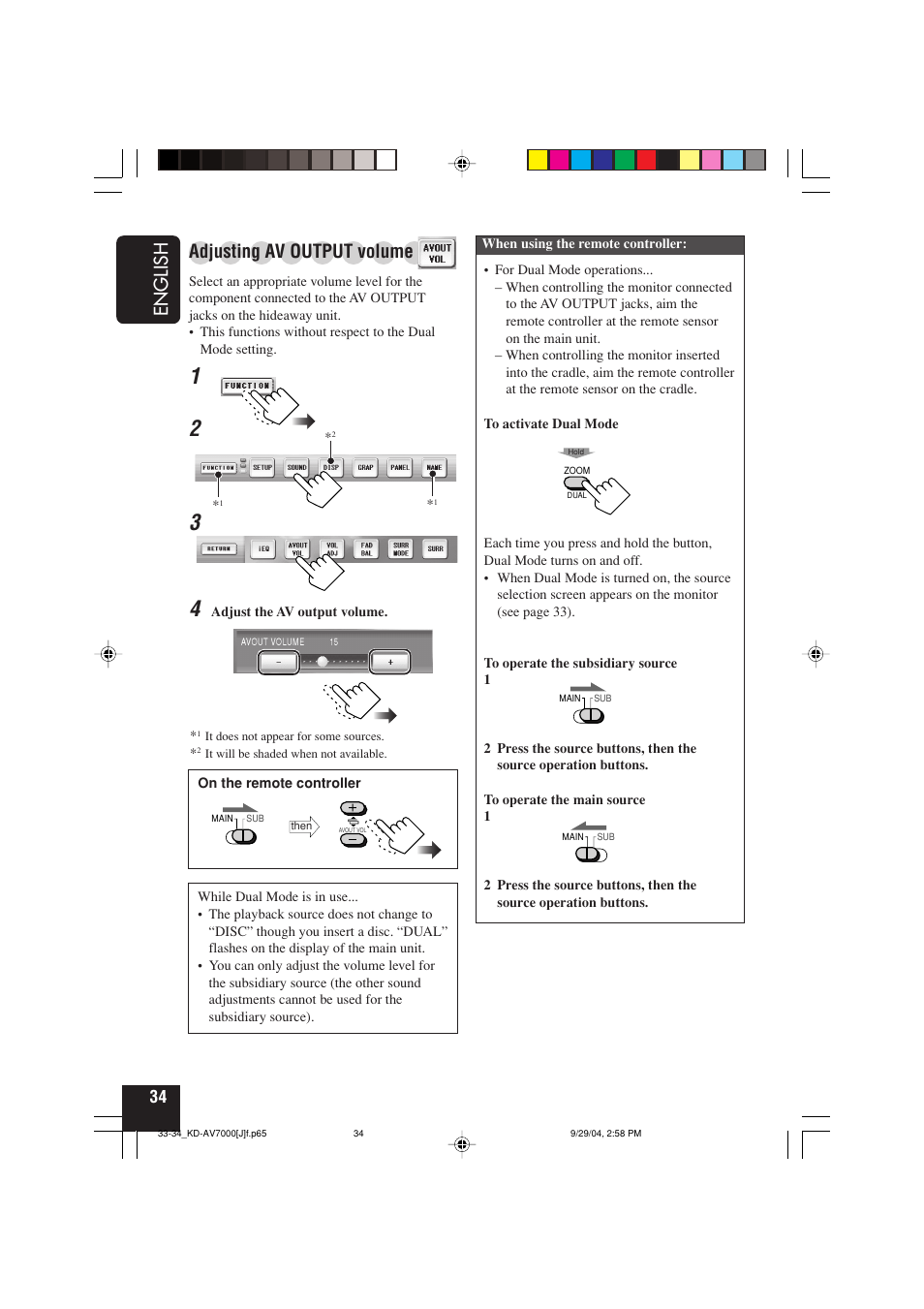 English, Adjusting av output volume | JVC KD-AV7000 User Manual | Page 34 / 352