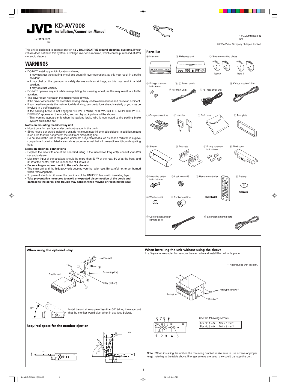 Installation/connection manual, Warnings, Kd-av7008 | JVC KD-AV7000 User Manual | Page 345 / 352