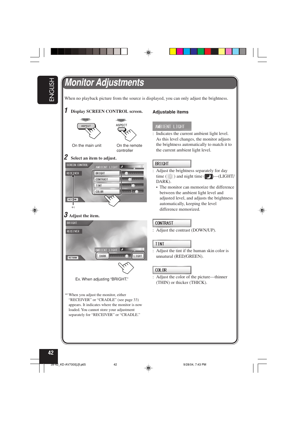 Monitor adjustments | JVC KD-AV7000 User Manual | Page 42 / 352