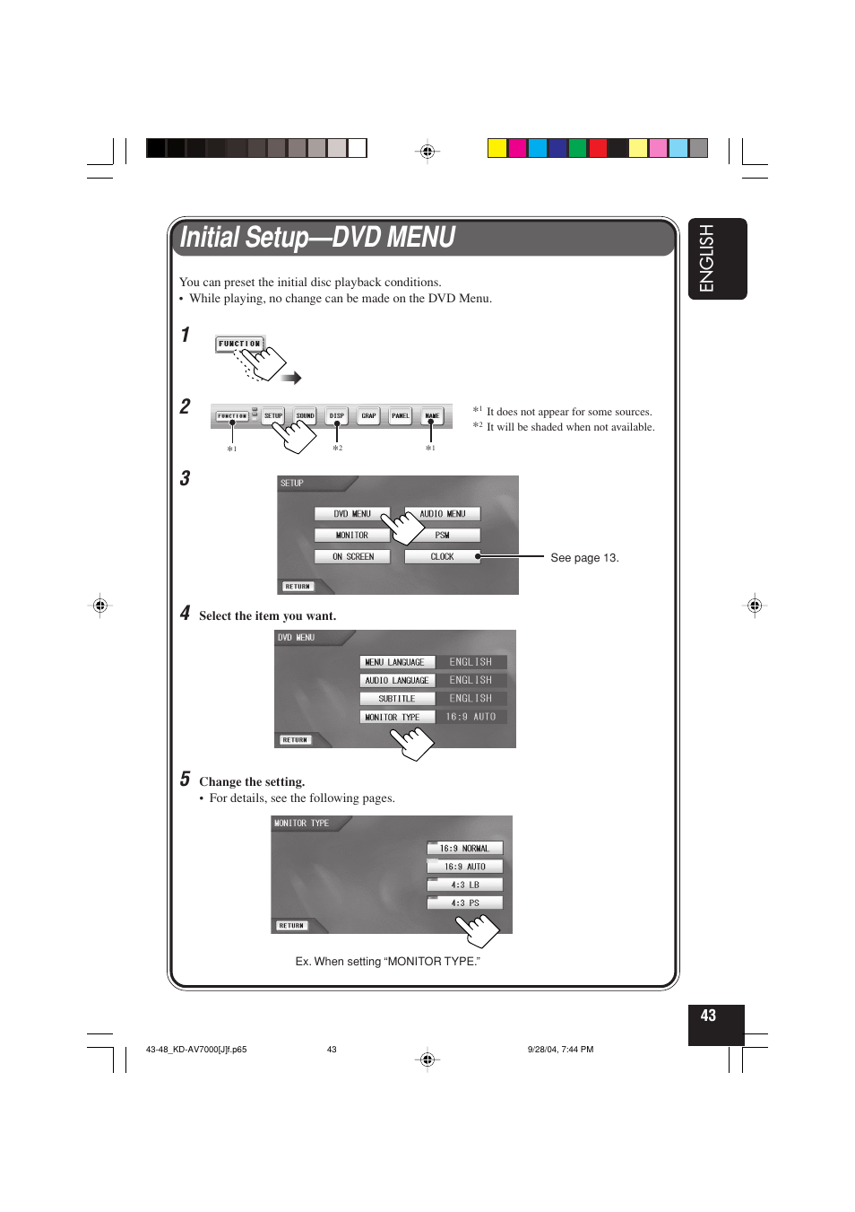 Initial setup—dvd menu | JVC KD-AV7000 User Manual | Page 43 / 352