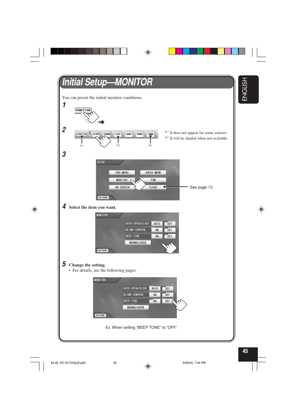 Initial setup—monitor | JVC KD-AV7000 User Manual | Page 45 / 352
