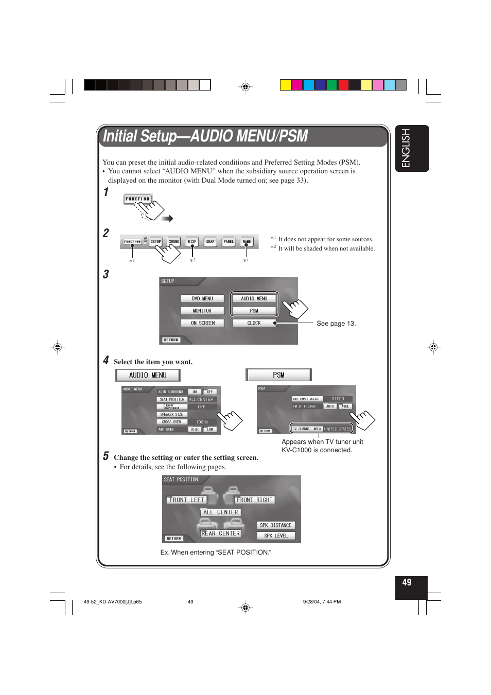 Initial setup—audio menu/psm | JVC KD-AV7000 User Manual | Page 49 / 352