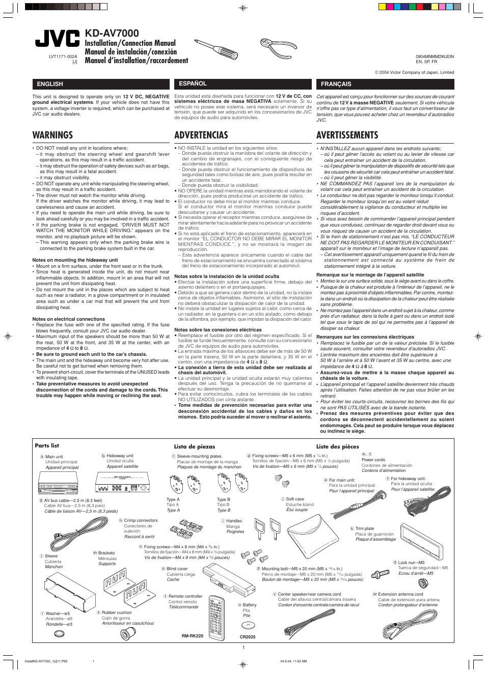 Installation/connection manual, Warnings, Kd-av7000 | Advertencias, Avertissements | JVC KD-AV7000 User Manual | Page 79 / 352