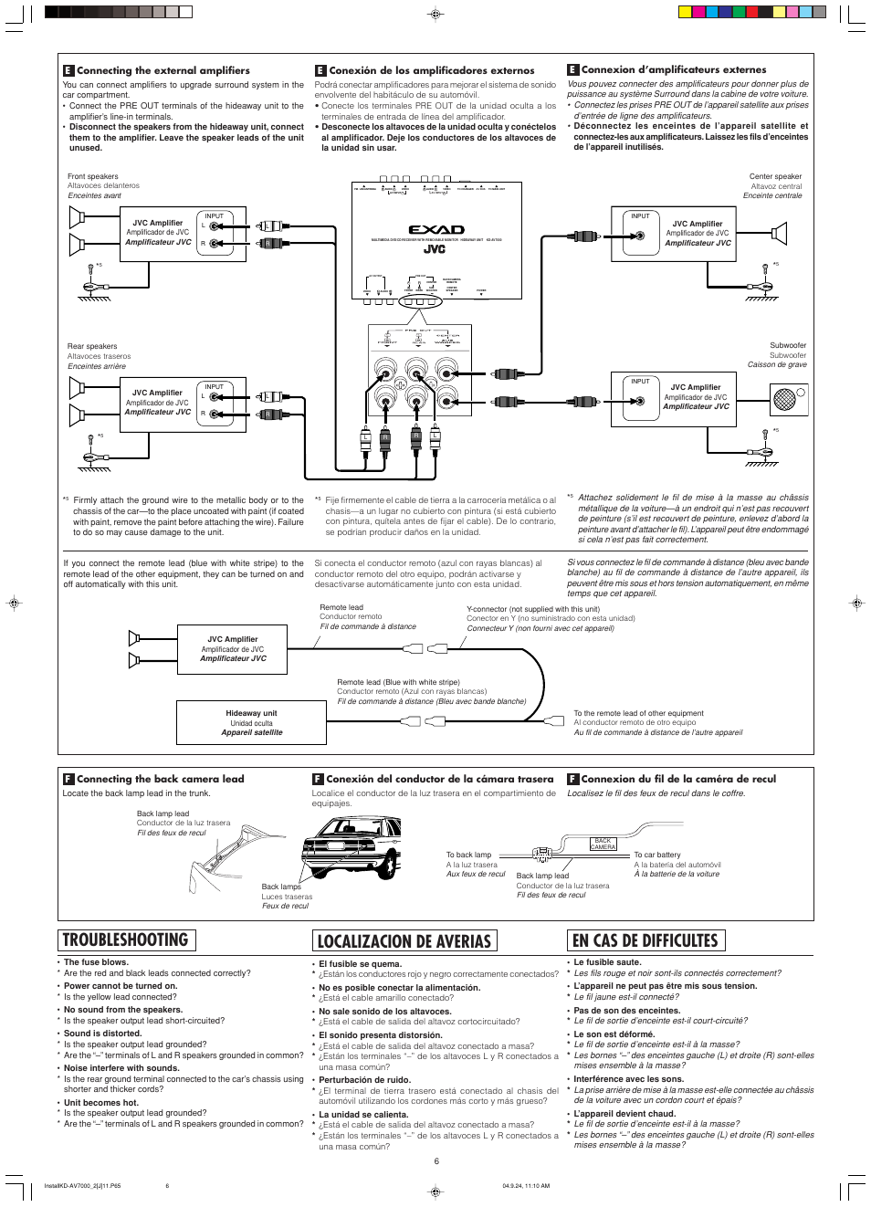 Troubleshooting, En cas de difficultes, Localizacion de averias | JVC KD-AV7000 User Manual | Page 84 / 352