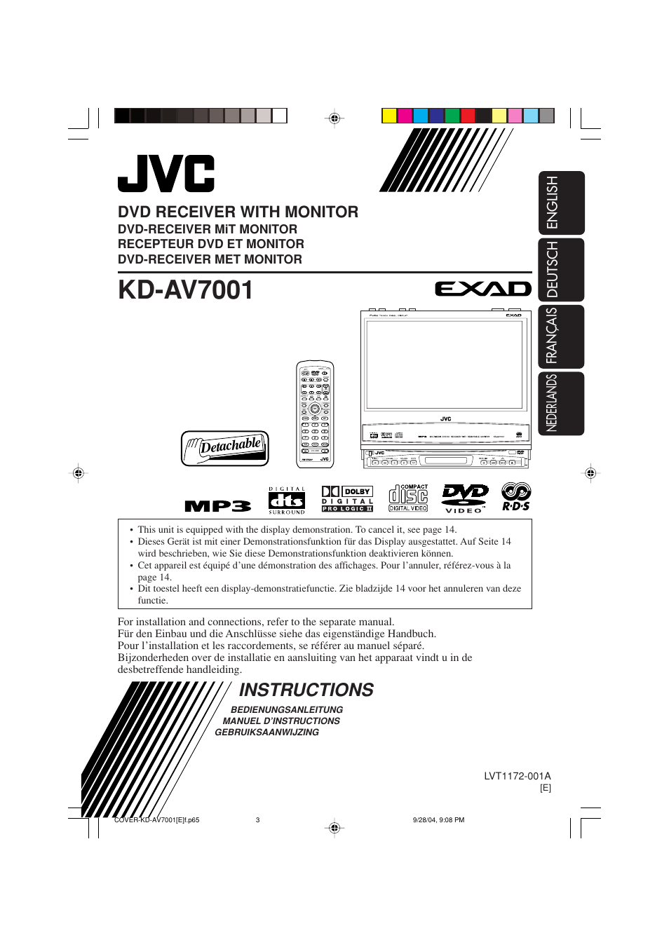 Kd-av7001, Instructions, Dvd receiver with monitor | Att main sub zoom aspect menu volume topmenu tuner, Gui set up return dual avout vol, Detachable | JVC KD-AV7000 User Manual | Page 85 / 352
